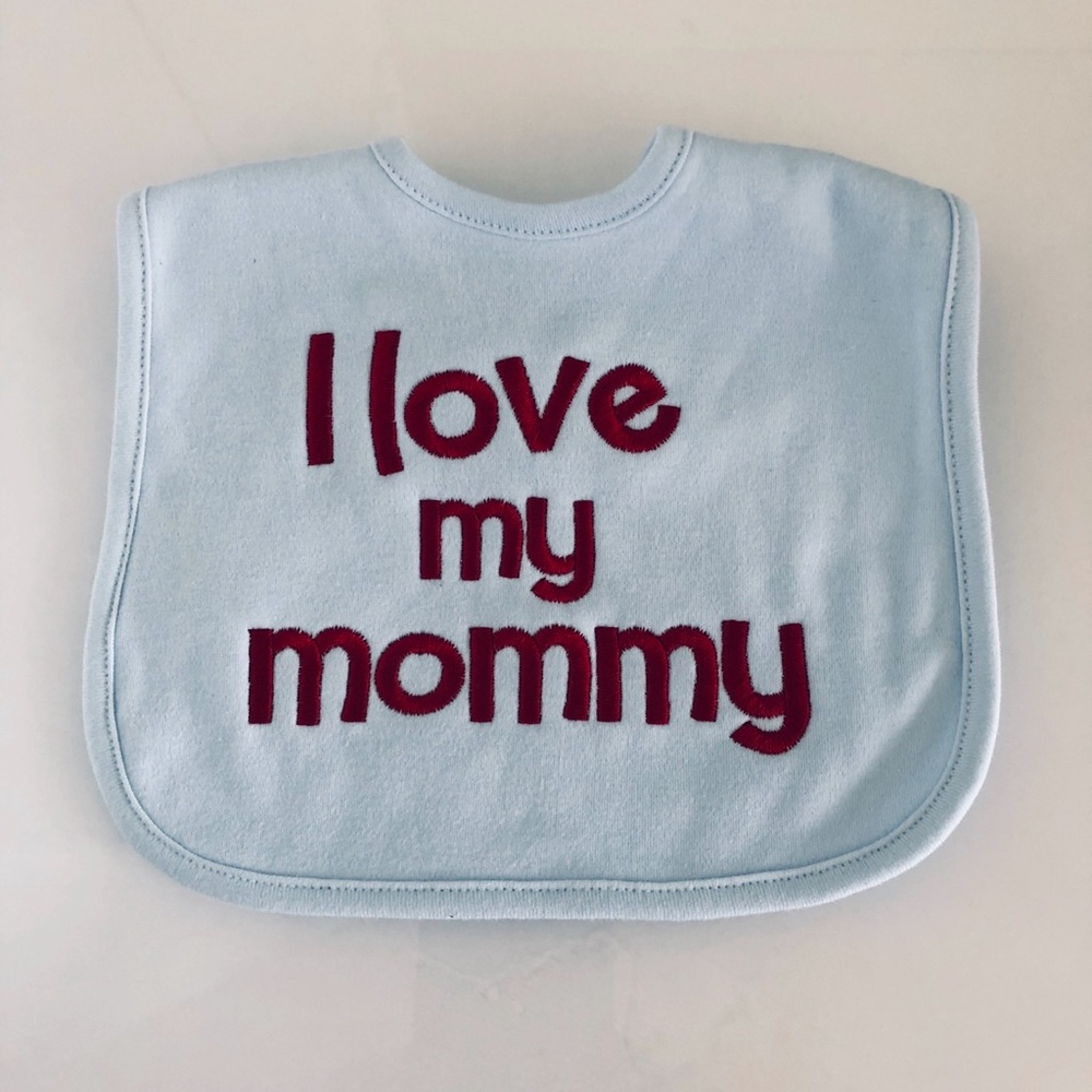 Blue Baby Bib with Red Text